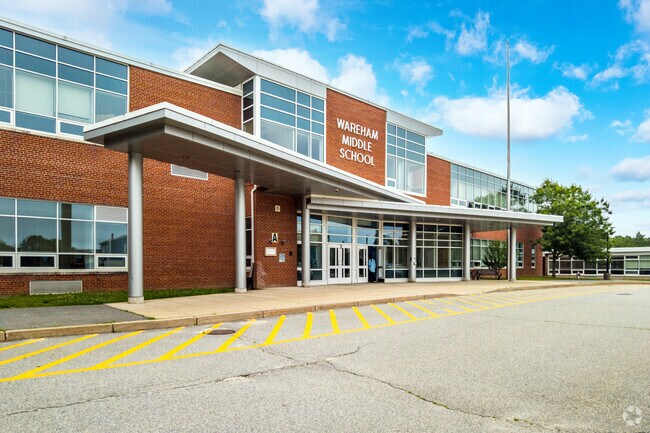The Wareham Middle School in Wareham has an angular cantilevered entrance awning.