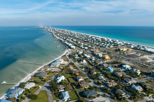 Pensacola Beach stretches along shores of the Gulf of Mexico.