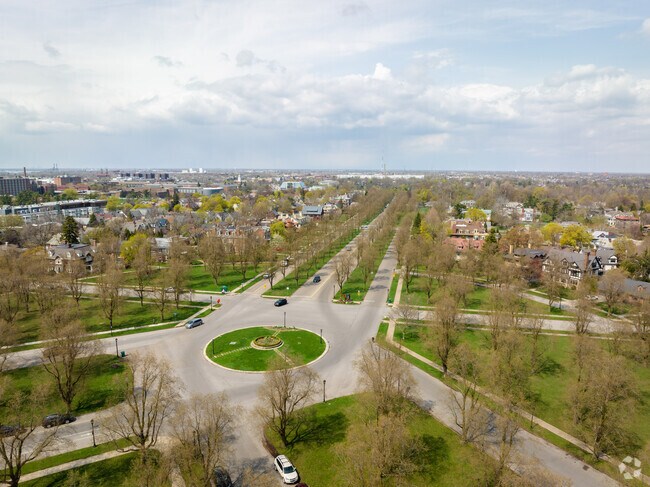 Three parkways meet at this Buffalo traffic circle, including Bidwell Parkway on the left.