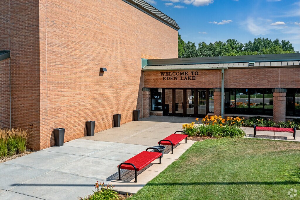 View of the main entrance of Eden Lake Elementary School located in Eden Prairie MN.