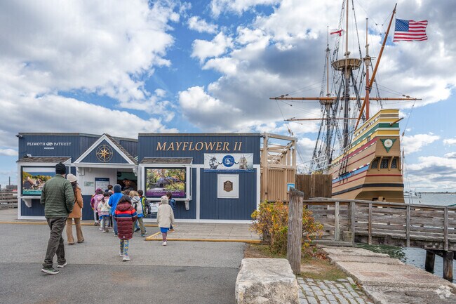 School kids arrive by the busload to take a tour of the MayflowerII in Downtown Plymouth.