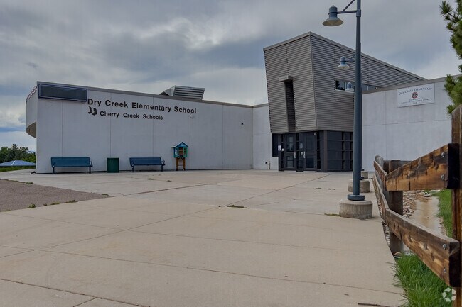 The front of entrance of Dry Creek Elementary School is modern and inviting.
