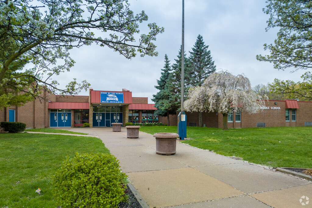 Hoover Middle School is surrounded by trees and greenery.