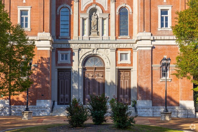 Shine Of St. Josephs Church entrance from Columbus Square Park.