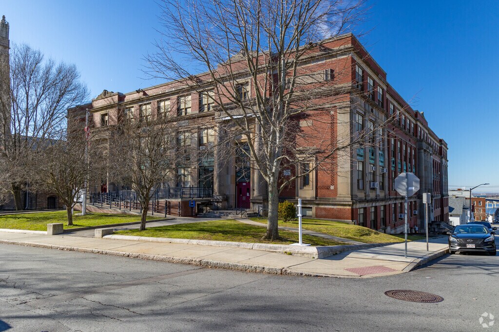 Front right side of Resiliency Middle School in Fall River, Massachusetts.