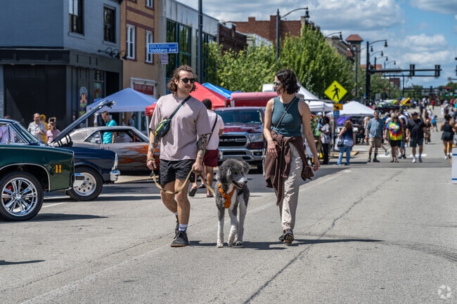 A couple takes advantage of the weather and walks their dog at Breezefest in Brookline.
