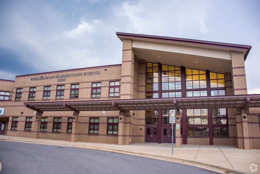 View of the Weller Road Elementary School entrance located in Connecticut Avenue Park, MD.