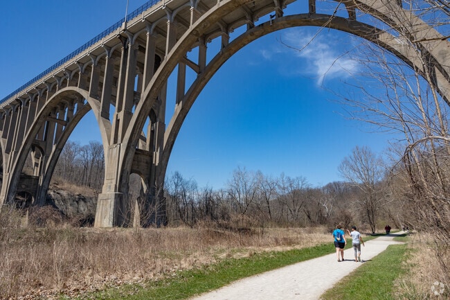 The historic Station Road Bridge offers great views for biking, running, and walking.