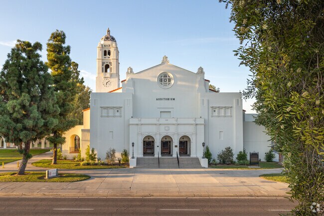 A golden hour view of the auditorium at Fullerton Union High School.