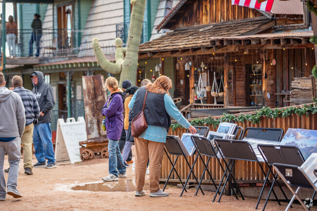 Experience the vibrant culture of Apache Junction through local art at Goldfield Ghost Town.