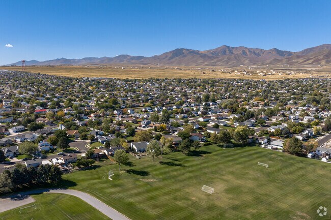 An aerial view of Hunter shows off the neighborhood as well as the Oquirrh Mountains.
