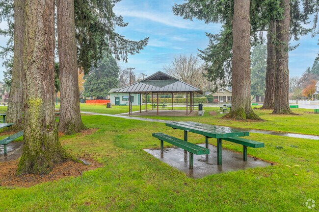 Covered picnic gazebo at Rivenes Park in Hubbard, OR.