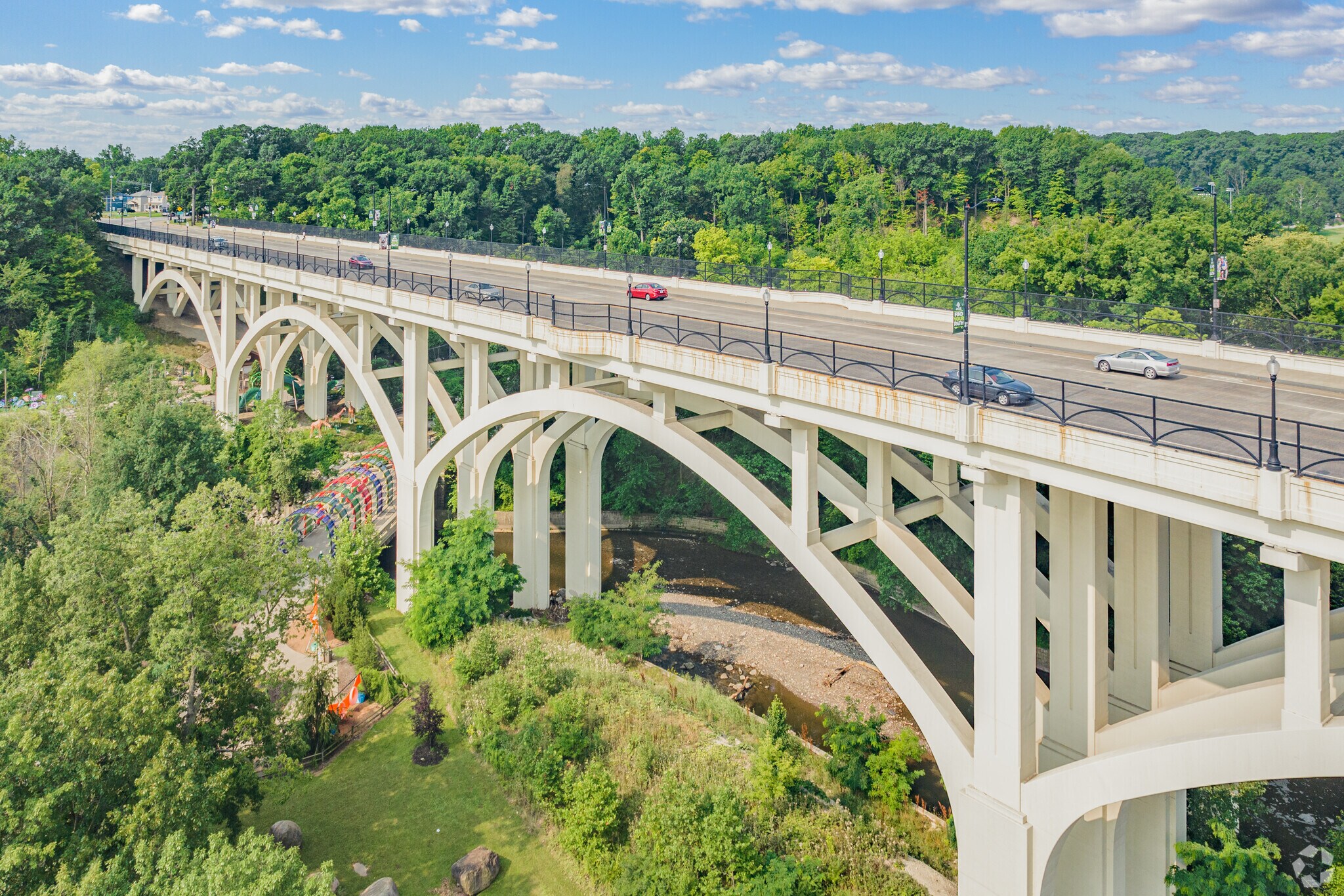 The iconic Clark-Fulton Bridge in Old Brooklyn spans across the Metroparks Zoo.