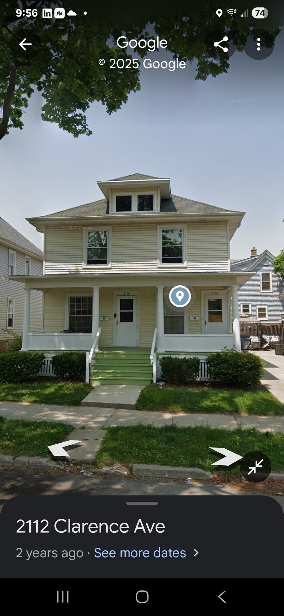 Stately front porch(upper door on right)