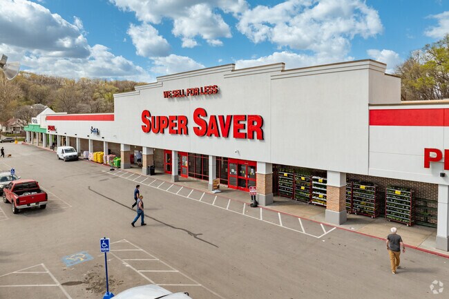 Kimball Park's winding roads and bluffs break the grid and offer shopping like Super Saver.