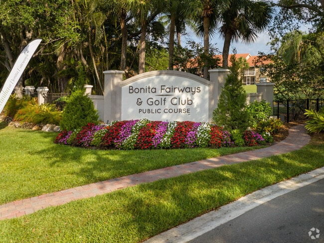 The entrance at Bonita Fairways and Golf Club is beautifully landscaped.