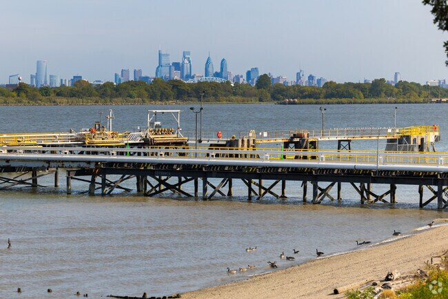 The Philadelphia city skyline can be see from Fort Billings Park along the river.