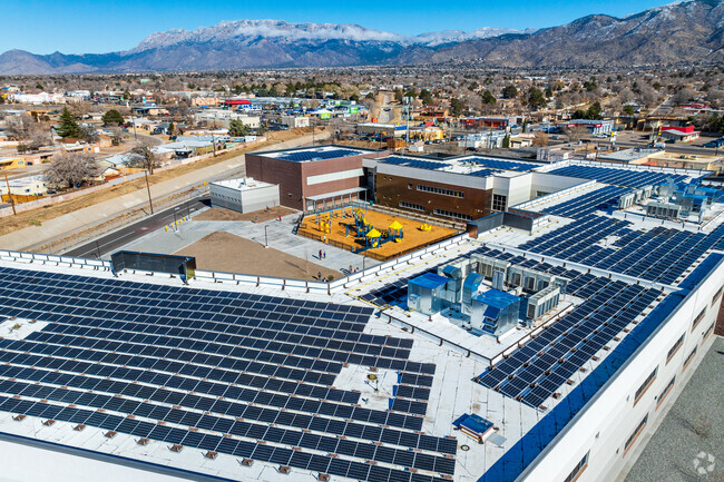 A closer view at the rooftop solar array at Janet Kahn School of Integrated Arts.