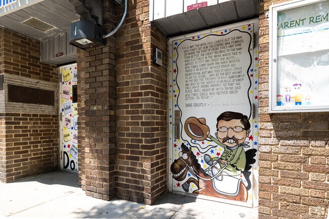 A mural of Theodore Roosevelt is displayed at P.S. 280Q in Queens, New York.