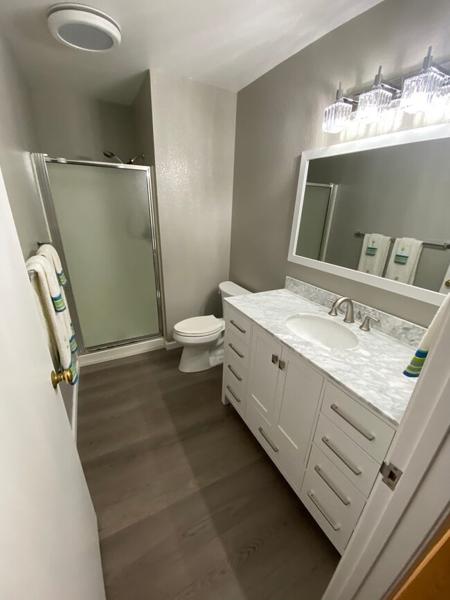 First floor bathroom with shower, new vanity and flooring