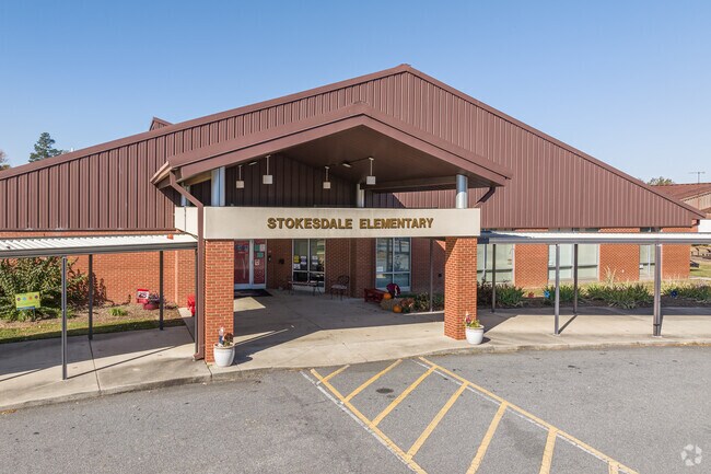 The entrance of Stokesdale Elementary School exudes a warm and inviting atmosphere.