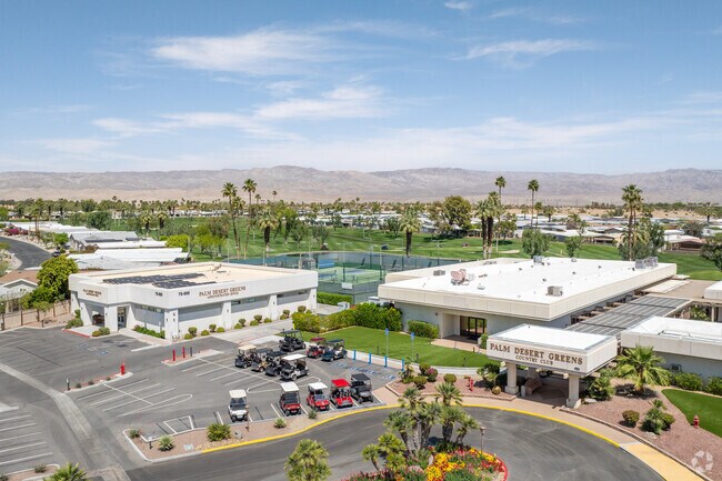 The clubhouse at Palm Desert Greens Country Club offers a welcoming space for residents to gather, relax, and enjoy social events in a beautiful desert setting.