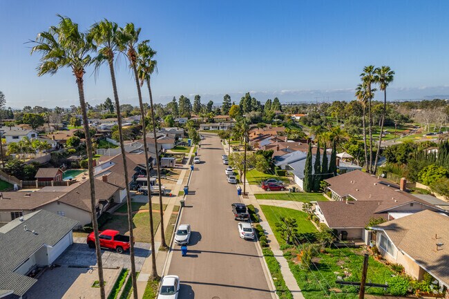 Residential Neighborhood has really tall palm trees typical in Hilltop, Chula Vista, California.