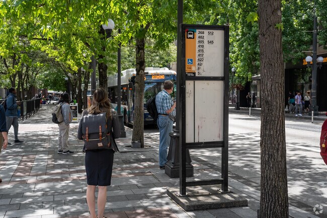 The bus stop at Westlake Center is a familiar meeting point for Downtown Seattle locals.