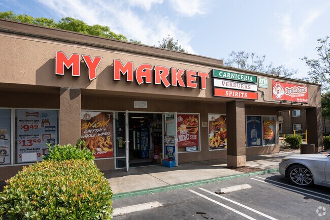 Outside the local grocer My Market in Fairmont Park San Diego.