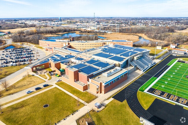 Grayslake North High School features a rooftop completely covered in solar panels.