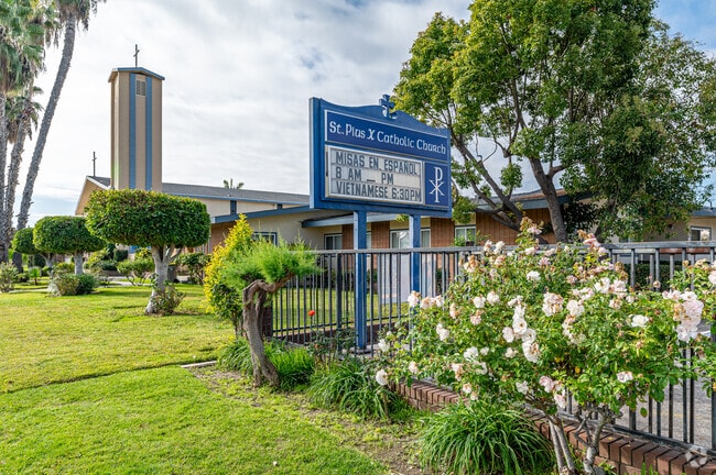 The sign and chapel at St. Pius X Parish School