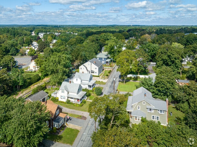 An aerial overview with homes of the beautiful Medfield, MA.