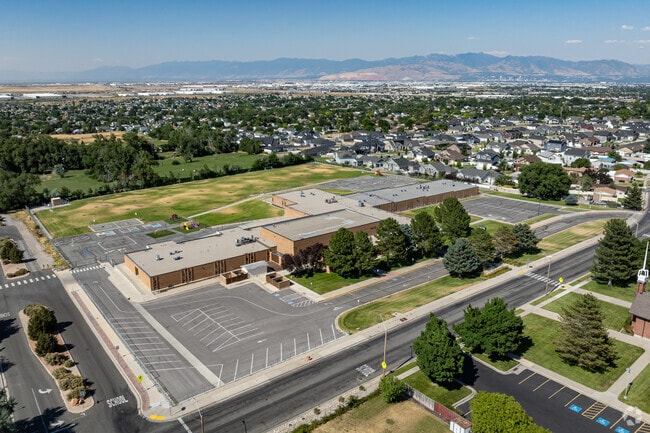 An aerial view of Douglas T. Orchard Elementary School shows views of the Oquirrh Mountains.