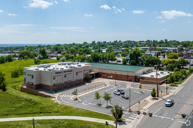 Parking and the main building at Pinnacle Charter High School in Federal Heights, Colorado.
