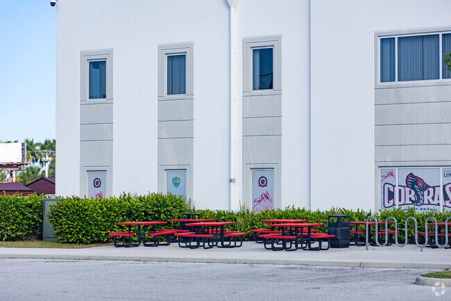 Somerset Lakes academy students can relax in the outdoor seating area.