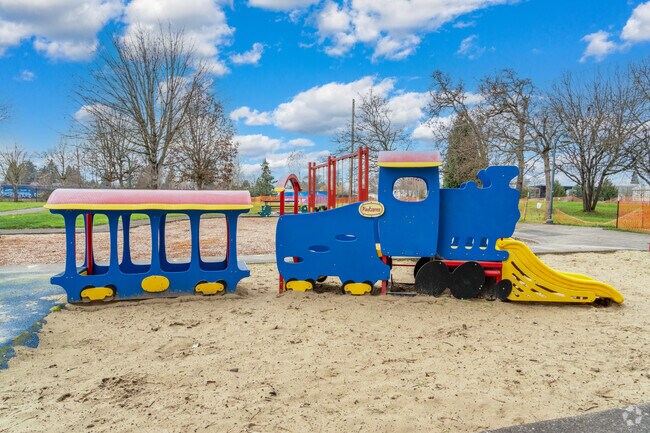 Train whistles can be heard while visiting Trainsong Park in Eugene, Oregon.