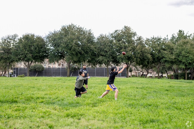A couple of kids playing football in the Silver leaf neighborhood.