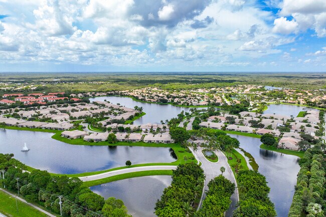Aerial view of Oakton Lakes neighborhood where you can see the large lakes between homes.