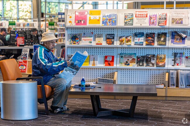 Renton Library is built upon girders across the Cedar River.