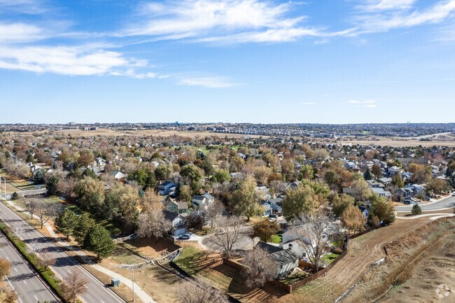 The Columbine Meadows neighborhood is lush with large trees and full of single family homes.