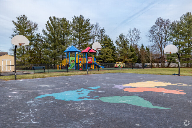 The basketball court at Cub Run Elementary has a map of the world.