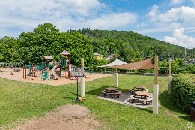 There is shaded picnic tables next to the playground at Livingston Manor Elementary School.