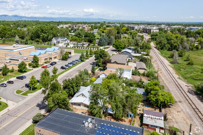 Aerial context view facing northwest of The Patchwork School located in Louisville, Colorado