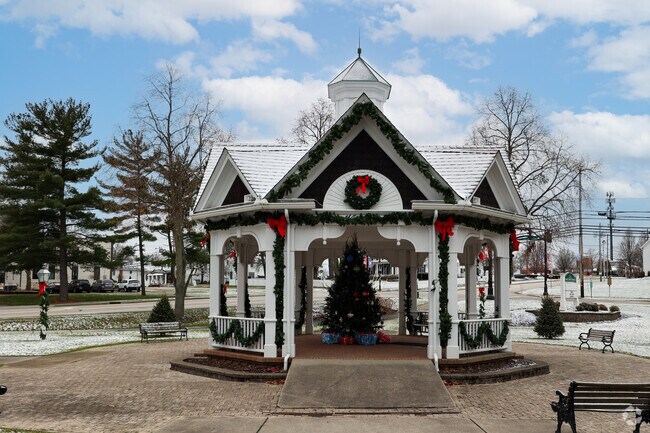 The gazebo in the center of Aurora, is decorated for winter holidays.