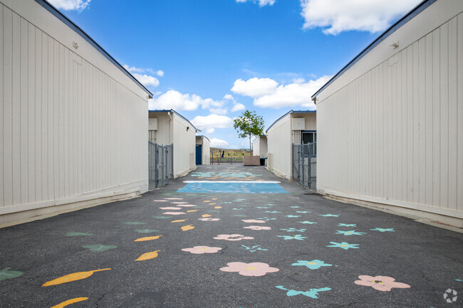 Colorful painted stencils painted on the pathways at Temecula Preparatory School in Winchester.