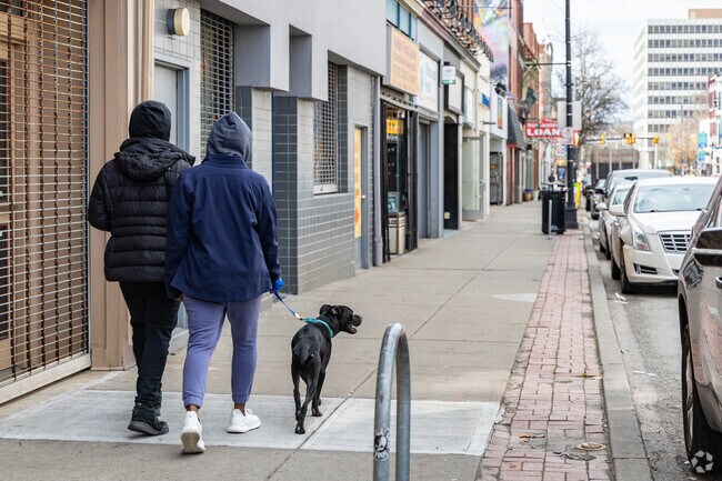 Residents enjoy sidewalks for a dog walk on the main streets in Deutschtown.