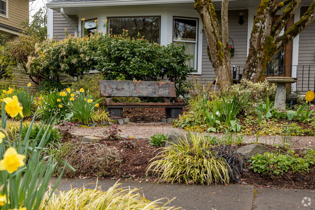 A front yard bench for say hi to neighbors in Irvington.