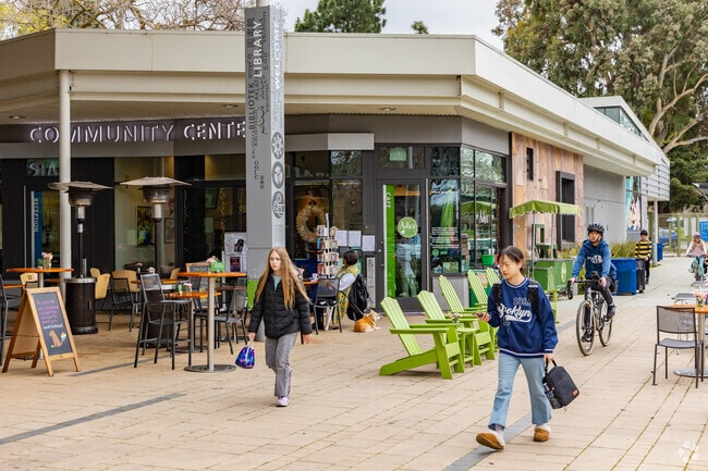 Café seating at Mitchell Park Community Center offers a relaxed space to work or unwind.