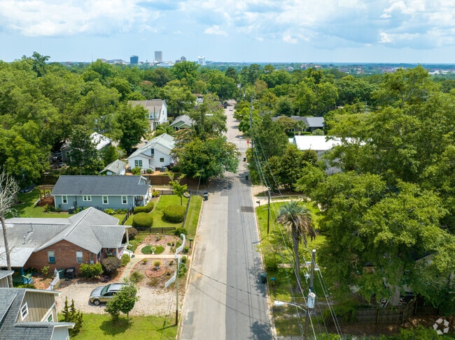The streets of Levy Park are lined with shade trees.