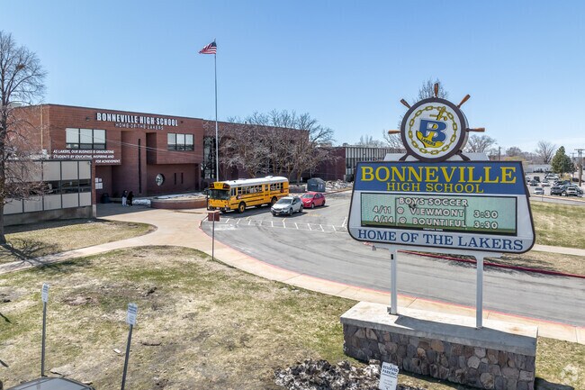 Aerial View of Bonneville High School's sign, Washington Terrace, UT 84405